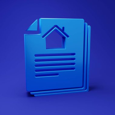 Mavi Saray 'ın sözleşme ikonu mavi arka planda izole edildi. Sözleşme oluşturma hizmeti, belge oluşumu, başvuru formu bileşimi. Minimalizm kavramı. 3 Boyutlu resimleme.