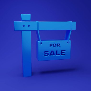 Mavi arka planda satılık simgesinin izole edildiği mavi asılma işareti. Satılık mesajlı pano. Minimalizm kavramı. 3 Boyutlu resimleme.