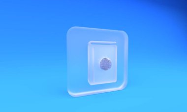 Buzlu cam kapaklı seyahat rehberi ikonu mavi arka planda izole edilmiş. Kare buzlu cam düğme. 3 Boyutlu resimleme.