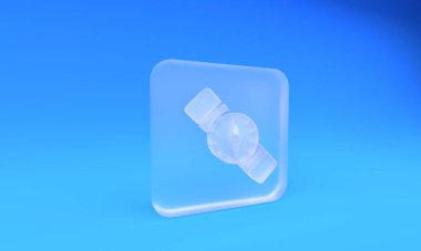 Mavi arkaplanda buzlu cam pusula simgesi izole edildi. Rüzgâr yön bulma sembolü. Rüzgar gül işareti. Kare buzlu cam düğme. 3 Boyutlu resimleme.