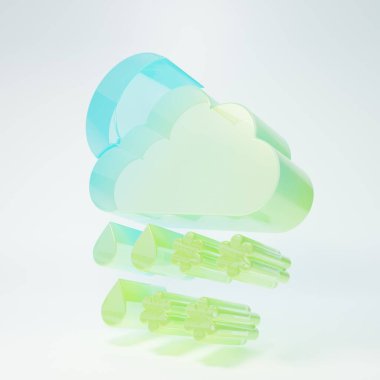 Beyaz zemin üzerinde kar, yağmur ve ay ikonu olan buzlu cam bulut. Hava durumu simgesi. Minimalizm kavramı. 3 Boyutlu resimleme.