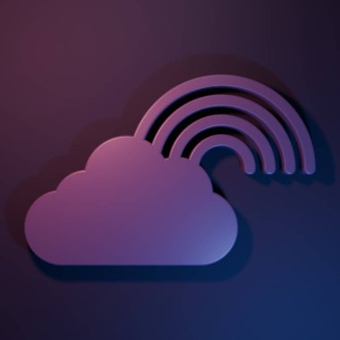 Mor-mavi arka planda bulutlu gökkuşağı ikonu. Minimalizm kavramı. 3 Boyutlu resimleme.