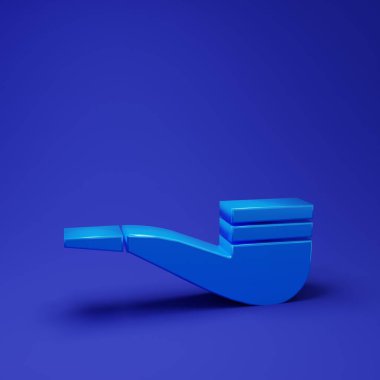 Mavi fonda duman simgesi olan mavi tüttürme piposu. Tütün piposu. Minimalizm kavramı. 3 Boyutlu resimleme.