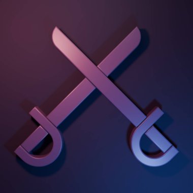 Mor Çapraz Korsan Kılıçları simgesi mor-mavi arka planda izole edilmiş. Kılıç işareti. Minimalizm kavramı. 3 Boyutlu resimleme.