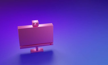 Pembe Bilgisayar monitörü simgesi mor-mavi arkaplanda izole edildi. Bilgisayar bileşeni işareti. Minimalizm kavramı. 3 Boyutlu resimleme.