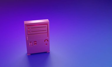 Mor-mavi arkaplanda izole edilmiş pembe Bilgisayar simgesi. Bilgisayar bileşeni işareti. Minimalizm kavramı. 3 Boyutlu resimleme.