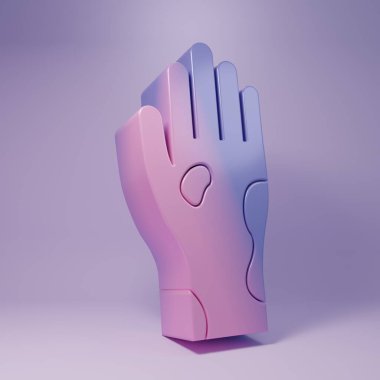 Mor arka planda sedef ya da egzama ikonu olan mor bir el. Alerjene veya kronik vücut sorununa karşı insan derisi tepkisi kavramı. Minimalizm kavramı. 3 Boyutlu resimleme.