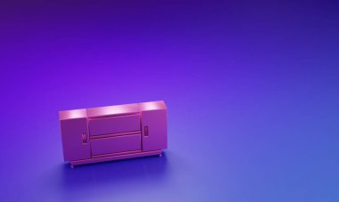 Mor-mavi arka planda izole edilmiş pembe televizyon masası simgesi. Minimalizm kavramı. 3 Boyutlu resimleme.