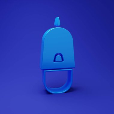 Mavi arka planda izole edilmiş papağan ikonlu mavi polis şapkası. Polis şapkası işareti. Minimalizm kavramı. 3 Boyutlu resimleme.