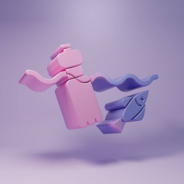 Mor. Okyanus ikonunun kirliliği sorunu mor arka planda izole edilmiş. Çöpler, plastikler, denizdeki poşetler. Minimalizm kavramı. 3 Boyutlu resimleme.