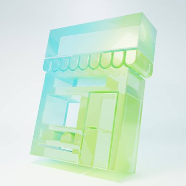 Buzlu cam alışveriş binası ya da beyaz arka planda izole edilmiş market ikonu. Dükkan inşaatı. Minimalizm kavramı. 3 Boyutlu resimleme.