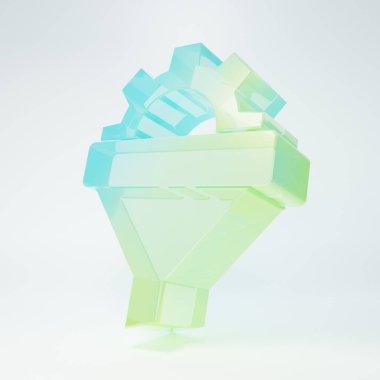 Beyaz arka planda izole edilmiş, pazarlama için okları olan buzlu cam satış hunisi ve başlangıç simgesi. Bilgi şablonu. Minimalizm kavramı. 3 Boyutlu resimleme.