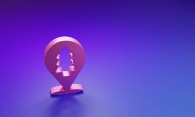 Mor-mavi arka planda izole edilmiş bir harita ikonu üzerinde ormanın pembe konumu. Minimalizm kavramı. 3 Boyutlu resimleme.