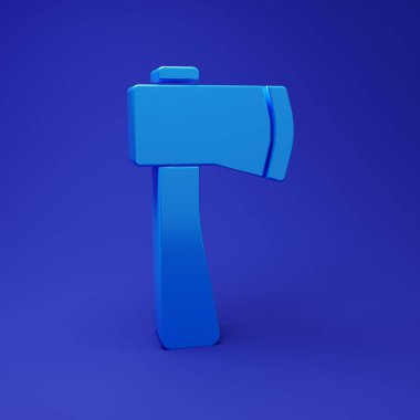 Mavi ahşap balta simgesi mavi arkaplanda izole edildi. Oduncu baltası. Minimalizm kavramı. 3 Boyutlu resimleme.