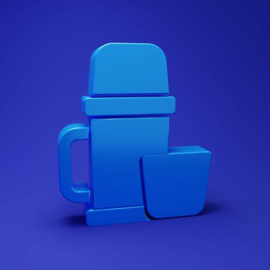 Mavi termos kabı ve mavi arka planda izole edilmiş fincan ikonu. Termo matara ikonu. Kamp ve yürüyüş ekipmanları. Minimalizm kavramı. 3 Boyutlu resimleme.