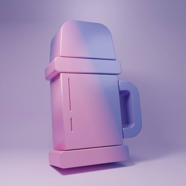 Mor termos konteynır ikonu mor arka planda izole edilmiş. Termo matara ikonu. Kamp ve yürüyüş ekipmanları. Minimalizm kavramı. 3 Boyutlu resimleme.