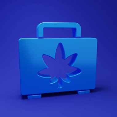Mavi bir alışveriş kutusu dolusu tıbbi marihuana veya kenevir yaprağı ikonu mavi arka planda izole edilmiş. Kenevir almak. Kenevir sembolü. Minimalizm kavramı. 3 Boyutlu resimleme.