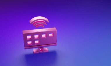 Pembe Akıllı TV sistemi simgesi mor-mavi arkaplanda izole edildi. Televizyon tabelası. İnternet kavramının kablosuz bağlantısı. Minimalizm kavramı. 3 Boyutlu resimleme.