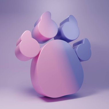 Mor Pençe yazdırma simgesi mor arkaplanda izole edildi. Köpek ya da kedi pençesi izi. Hayvan izleri. Minimalizm kavramı. 3 Boyutlu resimleme.