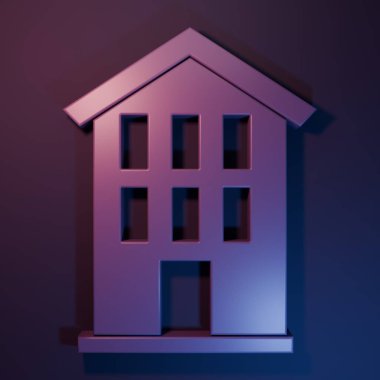 Mor Ev ikonu, mor-mavi arka planda izole edilmiş. Ev sembolü. Minimalizm kavramı. 3 Boyutlu resimleme.