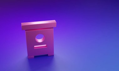 Mor-mavi arka planda izole edilmiş arı ikonu için pembe kovan. Arı kovanı sembolü. Apiary ve arı yetiştiriciliği. Tatlı doğal yemek. Minimalizm kavramı. 3 Boyutlu resimleme.