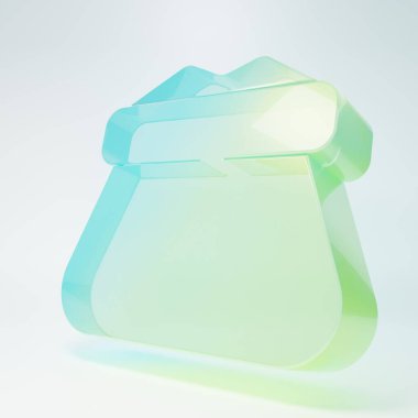 Buzlu cam. Beyaz arka planda tam torba simgesi var. Minimalizm kavramı. 3 Boyutlu resimleme.