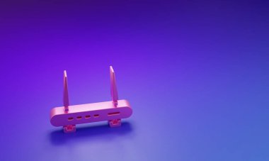Pembe Router ve wi-fi sinyal ikonu mor-mavi arkaplanda izole edilmiş. Kablosuz ethernet modem yönlendirici. Bilgisayar teknolojisi interneti. Minimalizm kavramı. 3 Boyutlu resimleme.