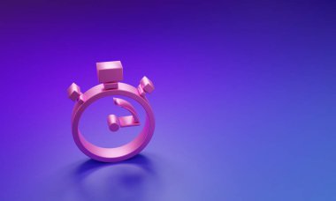 Mor-mavi arkaplanda izole edilmiş pembe Kronometre simgesi. Zaman göstergesi. Kronometre işareti. Minimalizm kavramı. 3 Boyutlu resimleme.
