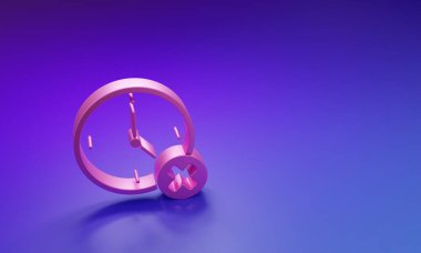 Mor-mavi arkaplanda izole edilmiş pembe saat silme simgesi. Zaman sembolü. Minimalizm kavramı. 3 Boyutlu resimleme.