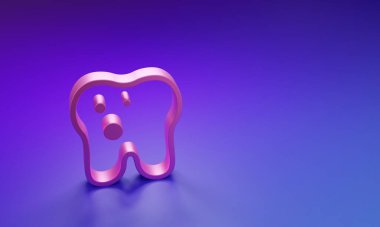 Pink Tooth with caries icon isolated on purple-blue background. Tooth decay. Minimalism concept. 3D render illustration.