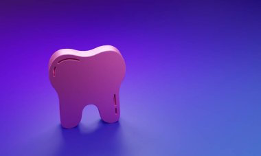Pembe Diş simgesi mor-mavi arkaplanda izole edilmiş. Diş hekimliği kliniği veya diş hekimliği merkezi ve diş macunu paketi için diş sembolü. Minimalizm kavramı. 3 Boyutlu resimleme.