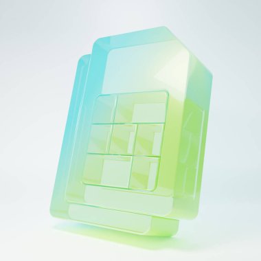 Beyaz arkaplanda izole edilmiş buzlu cam Sim kart simgesi. Cep telefonu sim kart çipi. Mobil telekomünikasyon teknolojisi sembolü. Minimalizm kavramı. 3 Boyutlu resimleme.
