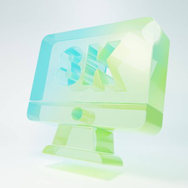 8k video teknolojisi ikonu beyaz arkaplanda izole edilmiş buzlu cam bilgisayar bilgisayar monitörü görüntüsü. Minimalizm kavramı. 3 Boyutlu resimleme.
