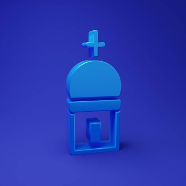Mavi Hristiyan kilise kulesi ikonu mavi arka planda izole edildi. Kilisenin dini. Minimalizm kavramı. 3 Boyutlu resimleme.