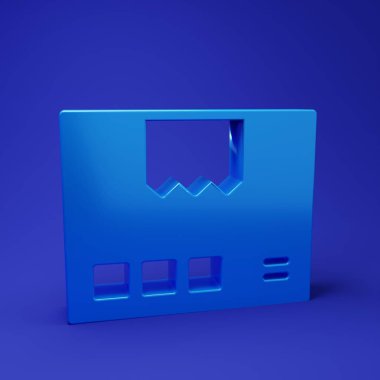 Mavi karton kutu simgesi mavi arkaplanda izole edilmiş. Kutu, paket, paket işareti. Teslimat ve ambalaj. Minimalizm kavramı. 3 Boyutlu resimleme.