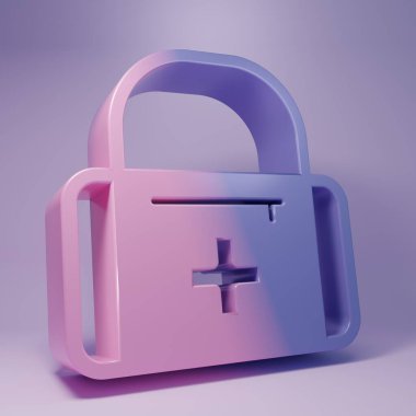 Purple First aid kit icon isolated on purple background. Medical box with cross. Medical equipment for emergency. Healthcare concept. Minimalism concept. 3D render illustration.
