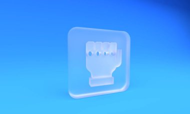 Mavi arka planda izole edilmiş buzlu cam MMA eldiven ikonu. Aksesuar dövüşçüleri. Savaşçı eldivenleri. Kare buzlu cam düğme. 3 Boyutlu resimleme.