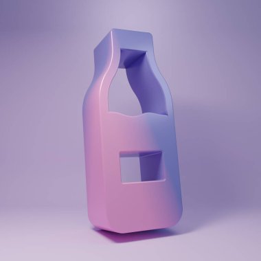 Mor kapaklı cam şişe ve mor arka planda izole edilmiş süt ikonu. Minimalizm kavramı. 3 Boyutlu resimleme.