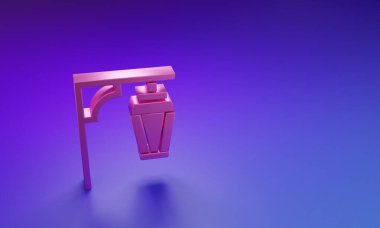 Mor-mavi arka planda izole edilmiş pembe Vintage sokak lambası ikonu. Minimalizm kavramı. 3 Boyutlu resimleme.