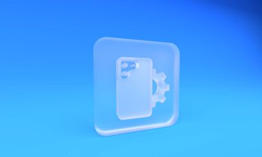 Buzlu cam telefon servis ikonu mavi arka planda izole edildi. Ayarlama, servis, ayar, bakım, onarım, onarım. Kare buzlu cam düğme. 3 Boyutlu resimleme.