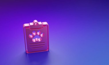 Mor-mavi arka planda izole edilmiş tıbbi kayıt evcil hayvan ikonu olan pembe pano. Sağlık sigortası formu. Tıbbi kontrol işaretleri raporu. Minimalizm kavramı. 3 Boyutlu resimleme.