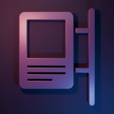 Mor Yol trafik işareti. Mor-mavi arkaplanda izole edilmiş işaret simgesi. İşaretçi sembolü. İzole sokak bilgi levhası. Yön tabelası. Minimalizm kavramı. 3 Boyutlu resimleme.