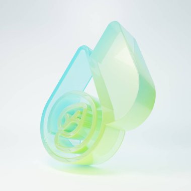 Beyaz zemin üzerinde izole edilmiş buzlu cam su enerji ikonu. Su damlacıklarıyla ekoloji kavramı. Alternatif enerji kavramı. Minimalizm kavramı. 3 Boyutlu resimleme.