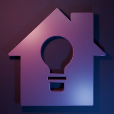 Mor Akıllı ev ve mor-mavi arka planda izole edilmiş ampul ikonu. Minimalizm kavramı. 3 Boyutlu resimleme.