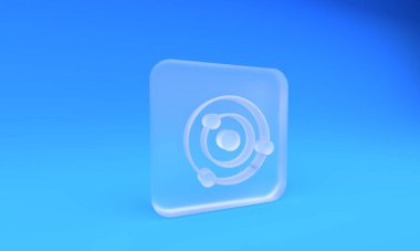 Buzlu cam güneş sistemi simgesi mavi arkaplanda izole edildi. Gezegenler yıldızın etrafında dönerler. Kare buzlu cam düğme. 3 Boyutlu resimleme.