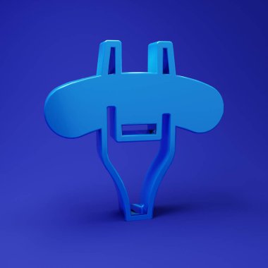 Çatal simgesindeki mavi sosis mavi arka planda izole edilmiş. Izgara sosis ve aroma işareti. Minimalizm kavramı. 3 Boyutlu resimleme.