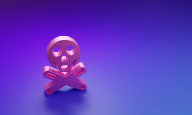 Pembe Kemikler ve Kafatası, mor-mavi arka planda izole edilmiş toksik uyarı ikonu. Minimalizm kavramı. 3 Boyutlu resimleme.