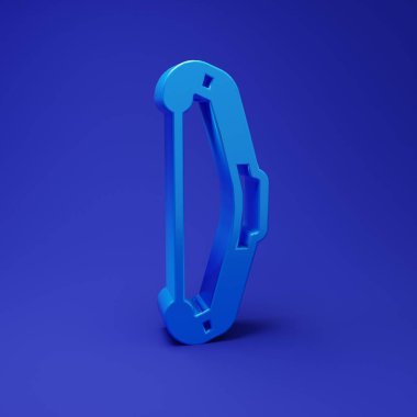 Mavi arka planda mavi ortaçağ yay simgesi izole edildi. Ortaçağ silahı. Minimalizm kavramı. 3 Boyutlu resimleme.