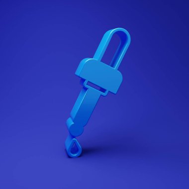 Mavi arka planda yağ ikonu olan Mavi Pipette. Organik aromaterapi özü. Cilt bakımı serumu cam bırakma paketi. Minimalizm kavramı. 3 Boyutlu resimleme.