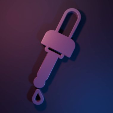 Mor-mavi arka planda izole edilmiş yağ ikonlu Mor Pipette. Organik aromaterapi özü. Cilt bakımı serumu cam bırakma paketi. Minimalizm kavramı. 3 Boyutlu resimleme.